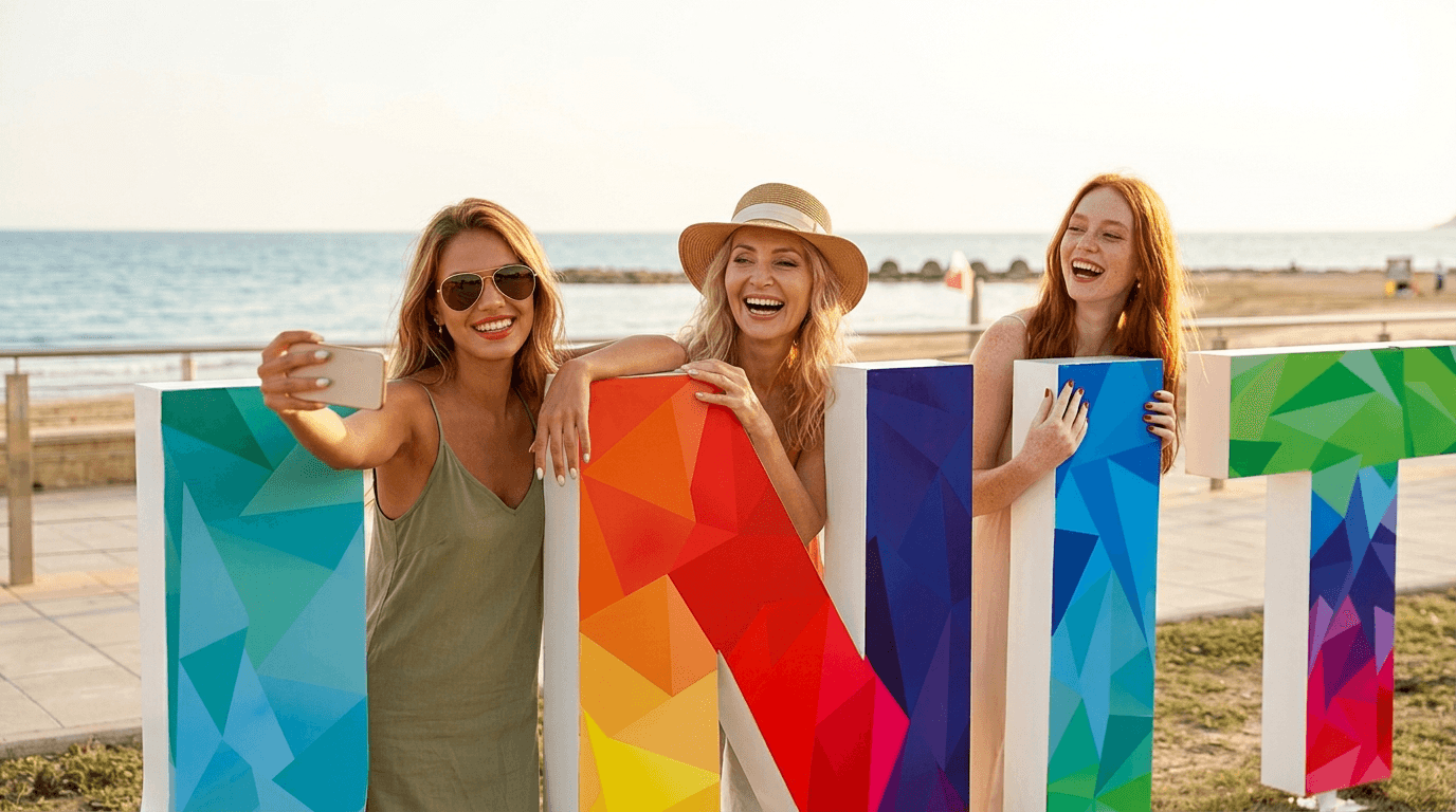 Tres mujeres haciéndose un selfie junto a las letras de Cunit, con la playa detrás